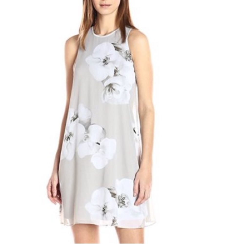 Calvin Klein Gray Orchid Floral Sleeveless Jewel Neck Dress